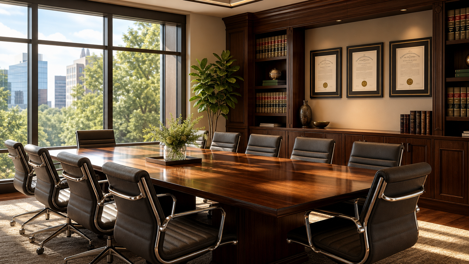 modern law office conference room with polished wood table and large windows for an auto accidents legal services firm