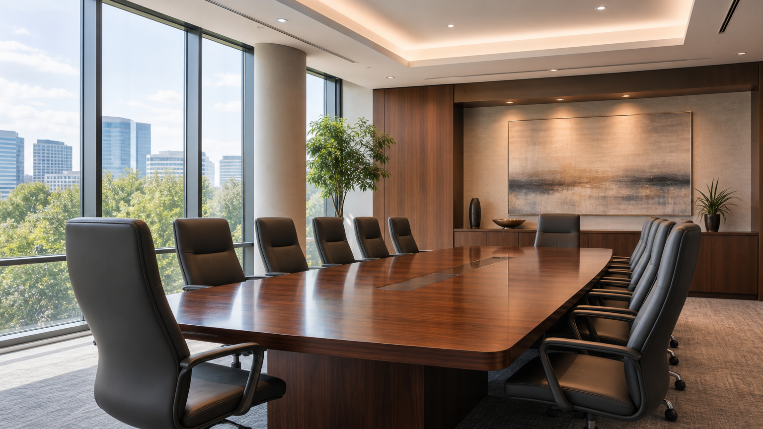 Modern conference room with polished wooden table and high-backed chairs in a professional legal office