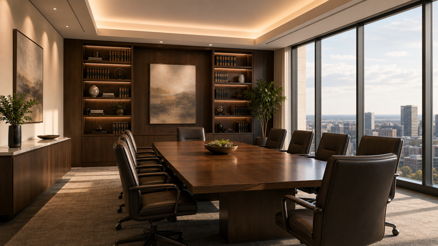 Modern law office conference room with large table and natural light, representing DUI defense attorney services