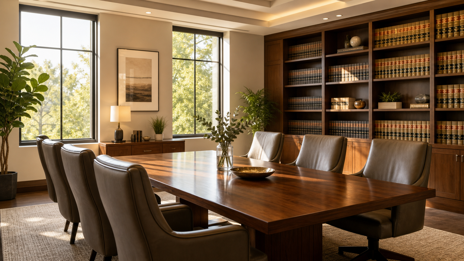 Modern law office conference room with wooden table and legal books for dog bite injury legal services