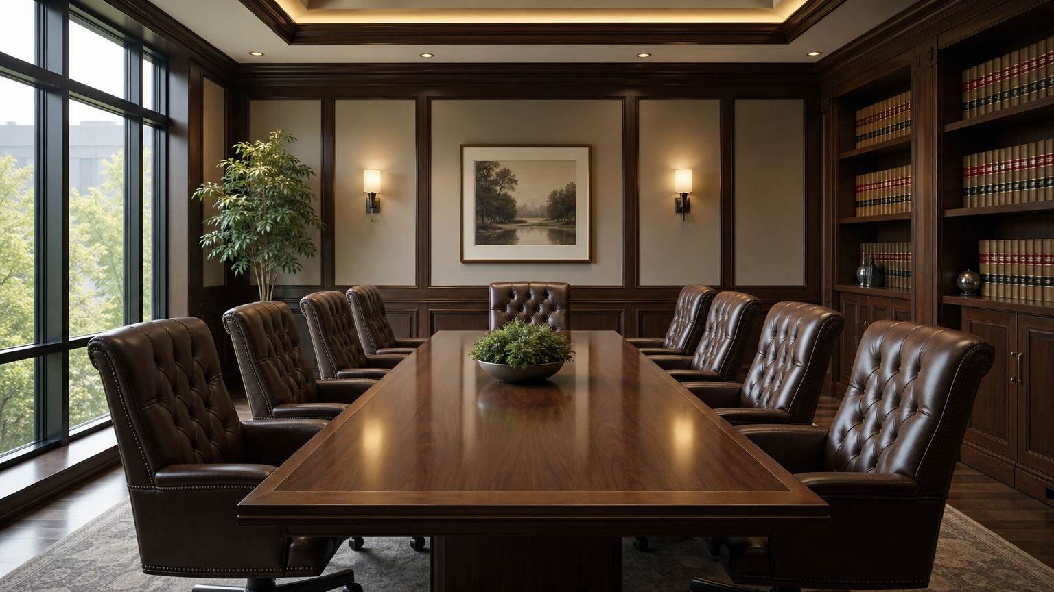 modern legal office conference room with wooden table and leather chairs, neatly arranged law books, bright natural lighting, calm professional setting