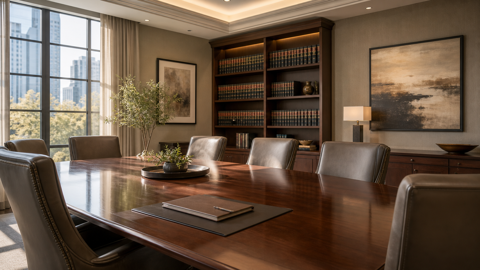 Contemporary law office conference room with polished table and sunlit windows, representing legal expertise in negligent security cases