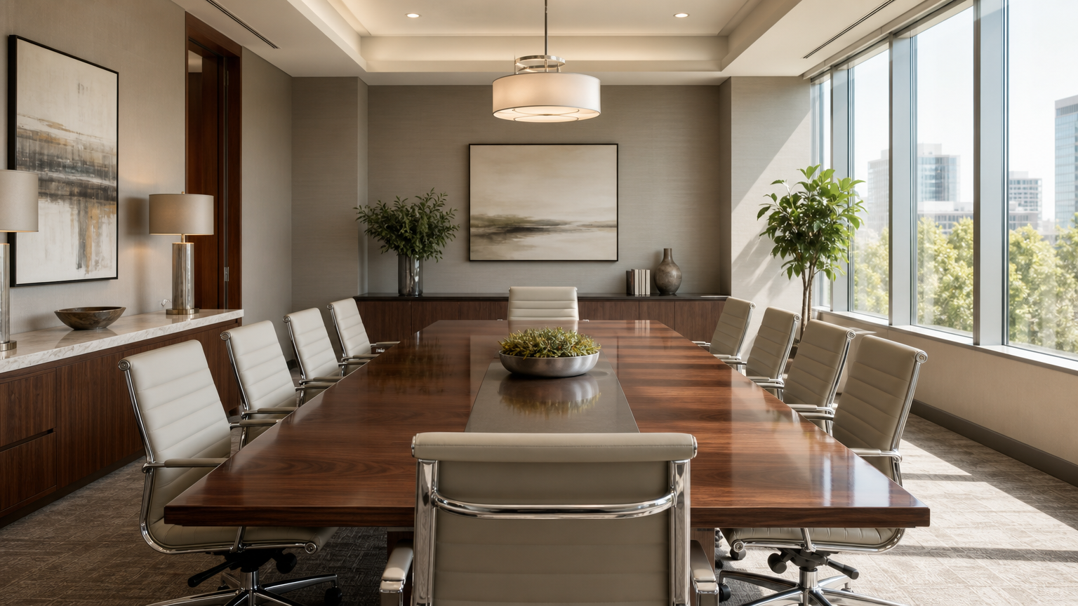 Modern law office conference room with polished table and natural light for premises liability legal services