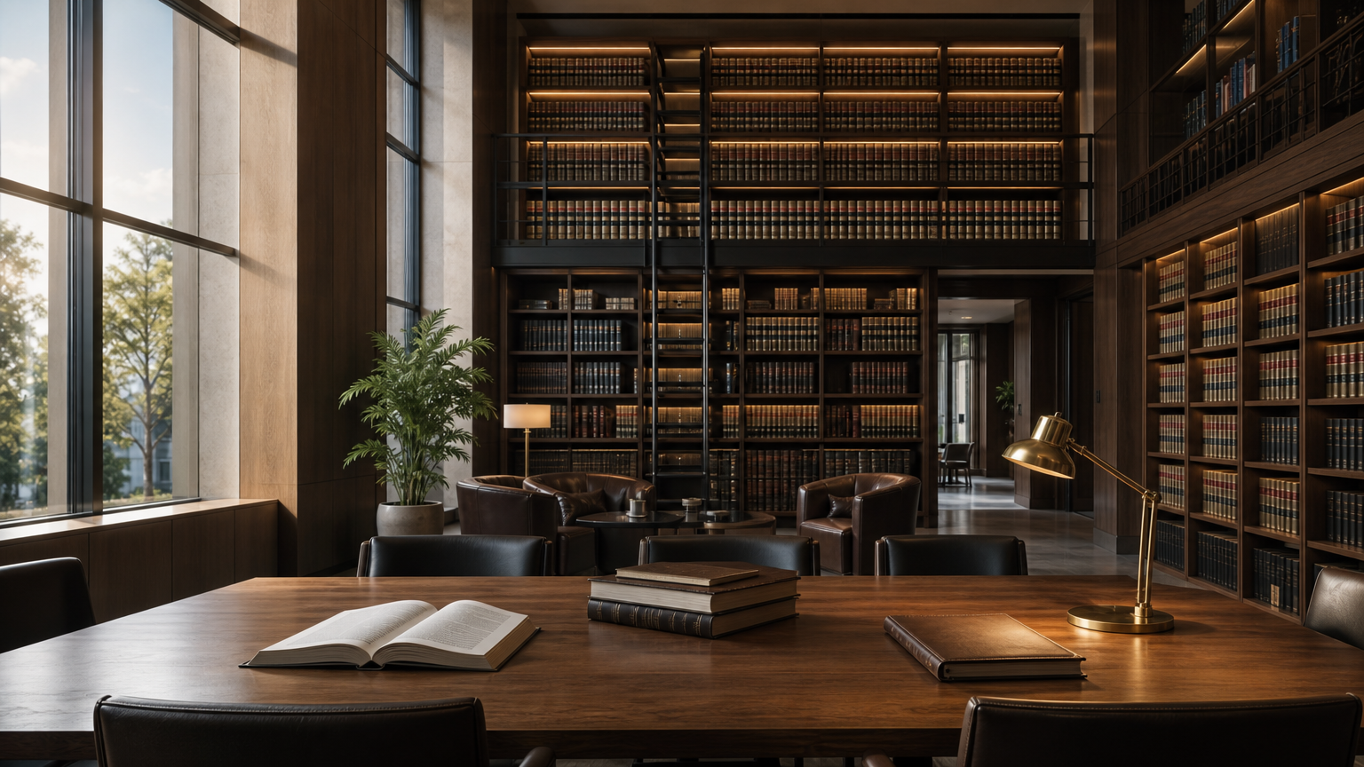 Modern law library interior with bookshelves and polished wooden table, representing legal services for product liability cases