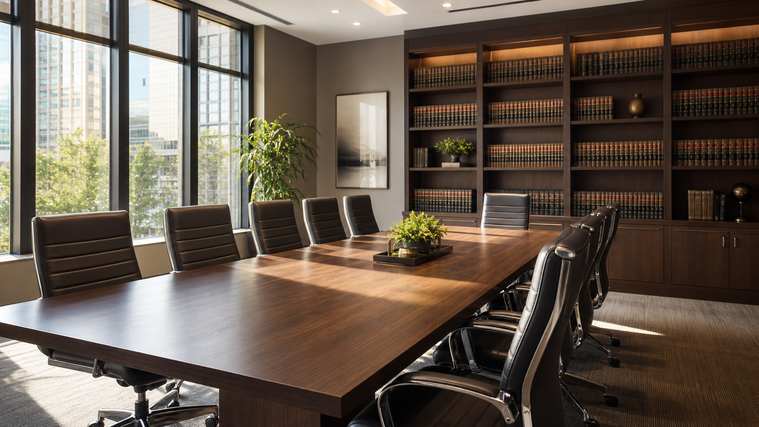 modern law office conference room with large table and leather chairs representing slip and fall legal services